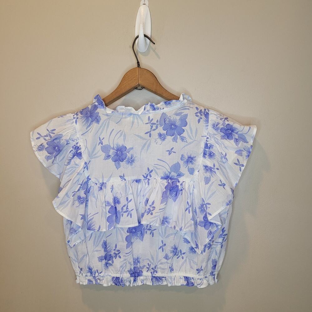 Love Shack Fancy Cotton Floral Blue White ButtonUp Cropped Nora Top XS Boho Chic - Picture 10 of 14